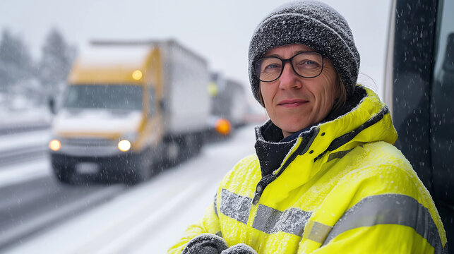 Portrait of a confident female traffic controller managing traffic flow during a winter snowfall, wearing reflective clothing and a warm hat