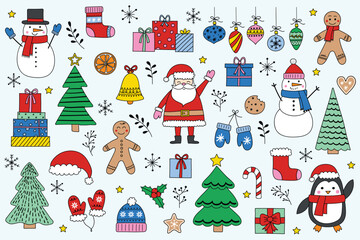 Collection of Christmas cartoon clip art design. Cute X-Mas characters and ornaments. Vector illustration