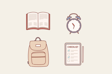 Set of school items. Cartoon objects and supplies include: books, backpack,alarm clock, tablet. Hand drawn style vector design illustrations.