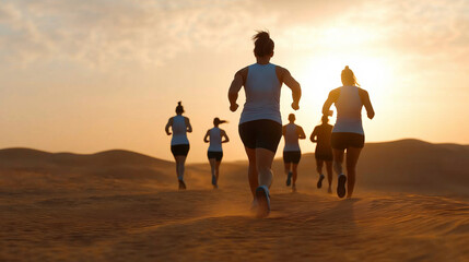 Group of athletes running in the desert during a workout at sunset, achieving their fitness goals