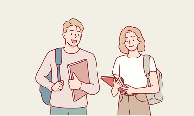 Male and female students holding books. Hand drawn style vector design illustrations.