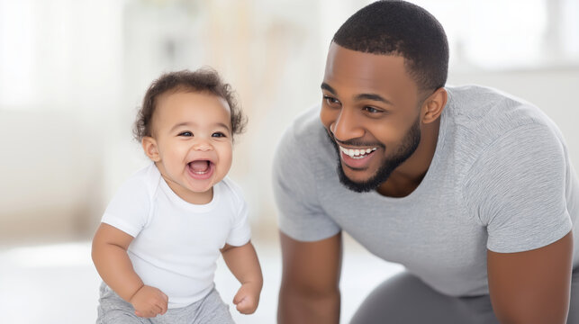 Cheerful father and son laughing and playing together at home, enjoying quality time and creating a loving bond