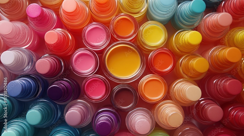Poster colorful nail polish bottles arranged in a circular pattern, showcasing a vibrant spectrum of colors