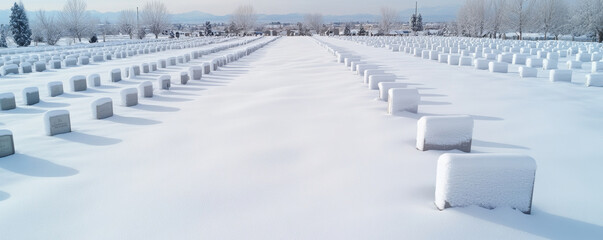 Snowy cemetery landscape revealing orderly tombstones silhouetted against pristine white ground, winter stillness capturing memorial ground