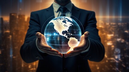 A futuristic representation of global business where a businessman holds a translucent globe, with light trails circling the earth and data flows connecting regions