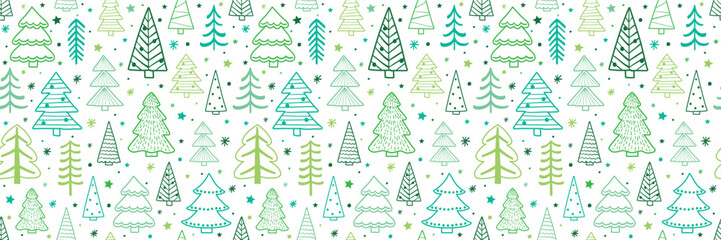 Christmas tree seamless texture in cartoon style. Wallpaper and wrapping paper design. Vector illustration