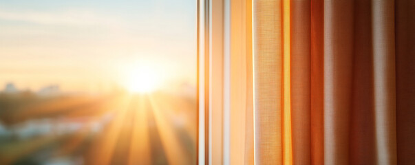 Sunlight filtering through open window with soft airflow and gently swaying curtains, creating a calm and serene atmosphere at sunrise