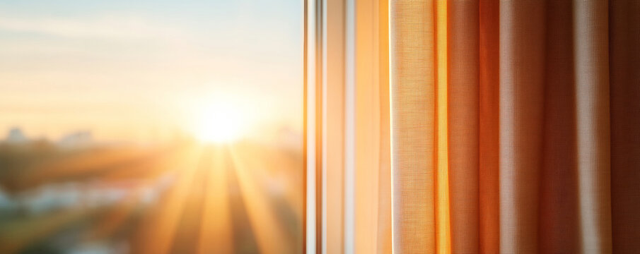 Sunlight filtering through open window with soft airflow and gently swaying curtains, creating a calm and serene atmosphere at sunrise