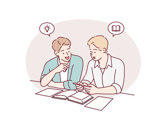 Friends, writing or students reading book in college for education, project or study at university library. Hand drawn style vector design illustrations.