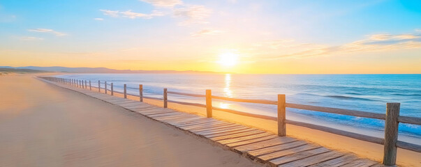 Fototapeta premium Winding wooden boardwalk along a sandy beach, glowing in the golden sunrise over a tranquil ocean, creates a serene coastal scene