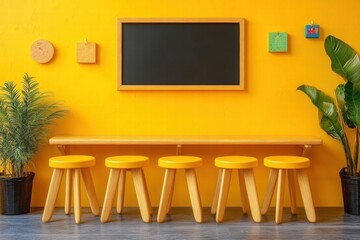 Yellow Room Interior with Wooden Counter, Stools, and Blackboard
