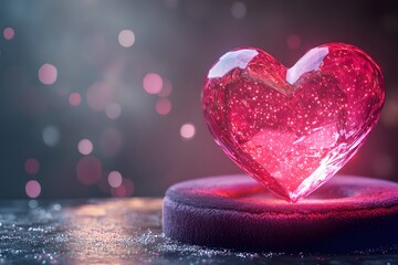 Fototapeta premium crystal heart glowing softly with pink and red hues, sparkling and shiny, resembling a diamond jewel of love and romance