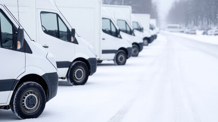 White delivery vans parked in a row in a snowy logistics hub during winter, symbolizing efficient delivery and supply chain management