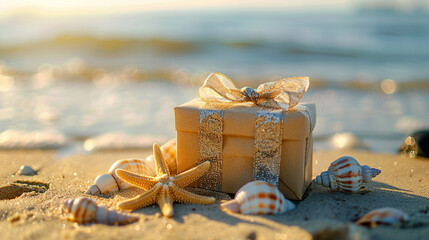 Holidays celebration on the exotic place. Present or gift box with a bow placed on the sandy beach. Surprise, happiness, and holiday gifting. Copy paste empty place for text