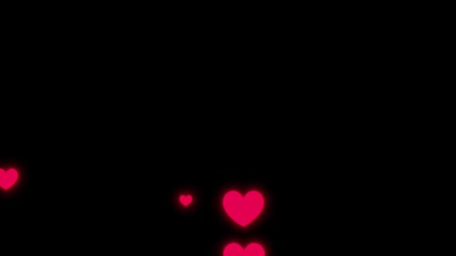 Red glowing hearts floating against black background. Valentine's Day 4K motion video backdrop.