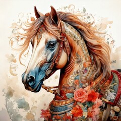 Watercolor carousel horse mid-spin with whimsical floral details