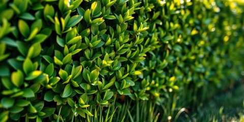 Obraz premium Lush green foliage wall, vibrant leaves in sunlight, natural hedge texture detail
