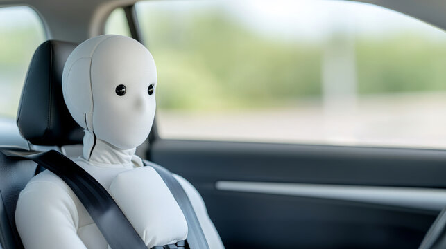 Crash test dummy sitting on front seat and wearing seat belt, simulating passenger during car crash test