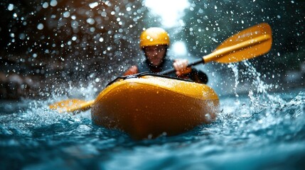 Fototapeta premium Kayaker paddling through rapids, splashing water.