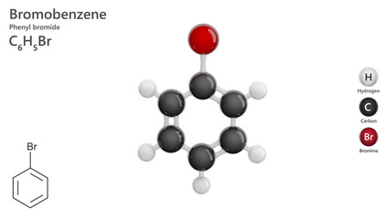 Molecule: Bromobenzene. Molecular structure. Formula: C6H5Br. Chemical model: Ball and stick. Black background. 3D illustration.