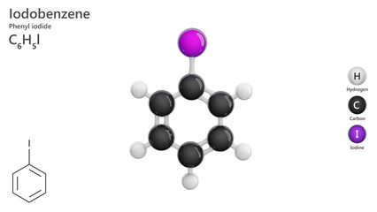 Molecule: Iodobenzene. Molecular structure. Formula: C6H5I. Chemical model: Ball and stick. White background. 3D illustration.