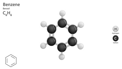 Molecule: Benzol (Benzene). Molecular structure. Formula: C6H6. Chemical model: Ball and stick. White background. 3D illustration.