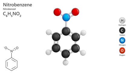 Molecule: Nitrobenzene. Molecular structure. Formula: C6H5NO2. Chemical model: Ball and stick. White background. 3D illustration.