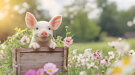 Picture of cute pig, pork, processed food, photograph or illustrator for advertising