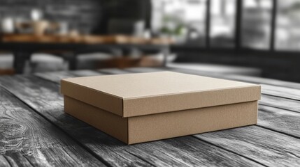 A plain brown cardboard box sits on a rustic wooden table in a blurred cafe background.