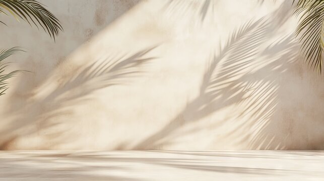 Minimal product display with palm leaf shadows on warm beige plaster wall, luxury summer architecture interior aesthetic, boho home décor, product platform stage mockup