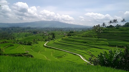 Fototapeta premium Lush green rice terraces, winding road, and distant mountains under a partly cloudy sky.