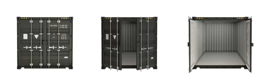 Front views of shipping container with open, closed doors. Without shadow. Black cargo container for storage, transportation goods. Isolated on a transparent background. PNG. 3D illustration.