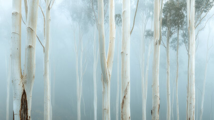 A serene forest scene featuring tall, white trees shrouded in mist, creating an ethereal and tranquil atmosphere.