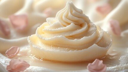 Close-up of creamy, swirled frosting with pink petals.