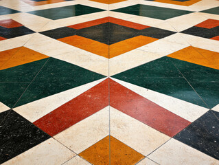 Fototapeta premium A colorful geometric tiled floor featuring a diamond pattern with contrasting colors of green, orange, red, and cream.