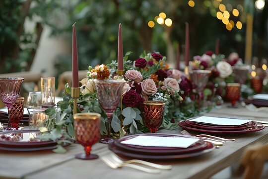 Elegant Wedding Table Setting With Burgundy Accents