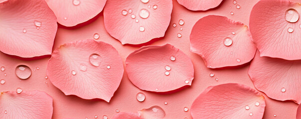 Delicate pink rose petals with droplets of water create a soft, romantic background, perfect for designs or floral-themed projects.
