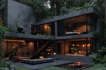 Modern Concrete House in Lush Forest at Night