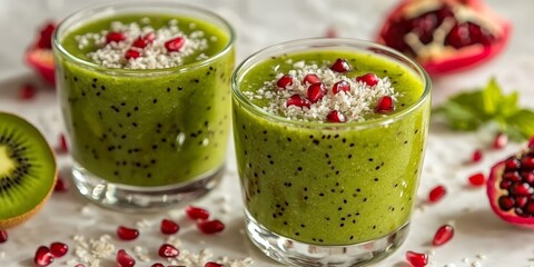 Refreshing Kiwi Smoothie Garnished with Coconut and Pomegranate