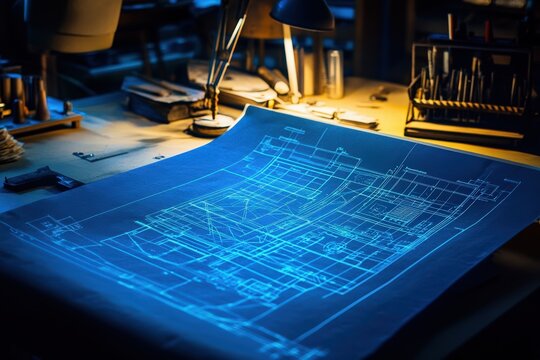 Blueprint illuminated on a drafting table in a workshop