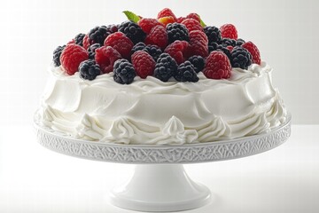 Delicious Raspberry and Blackberry Cake on White Cake Stand