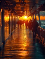 Sunset silhouettes of people walking on a ship deck.