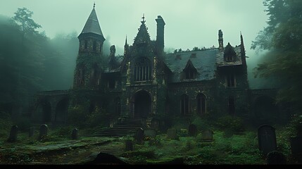 Obraz premium Overgrown gothic mansion shrouded in mist, surrounded by a graveyard.