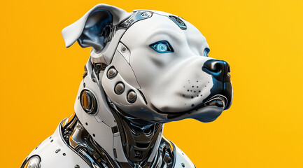 Futuristic Robotic Pit Bull with White and Blue Armor on Bold Red Background