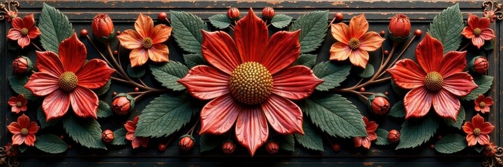 A intricately carved wooden decorative item with flowers and leaves surrounding a shiny golden center, wooden, floral