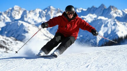 Skier carving turns down a snowy mountain slope