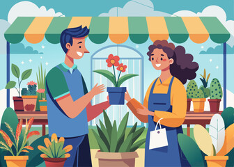 A customer asking for advice while buying plants from a vendor at a garden center.