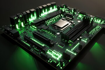 Fototapeta premium Illuminated Computer Motherboard Green Leds Technology