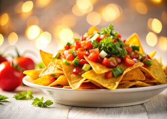 High-resolution image: Mexican nachos, delicious detail, dreamy bokeh background.