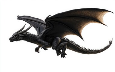 Fototapeta premium A full-body shot of a black dragon with horns flying through the air, side view, isolated on a white background.